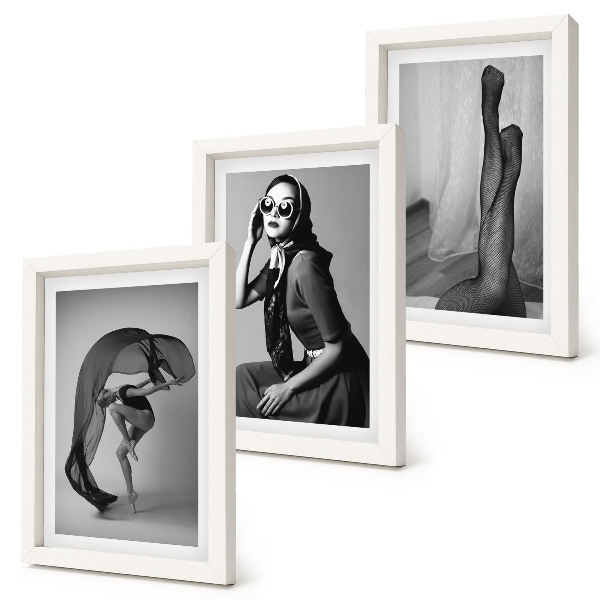 Juego de 3 cuadros decorativos Elegantes retratos en blanco y negro de mujeres en poses refinadas.