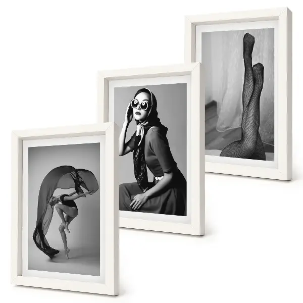 Juego de 3 cuadros decorativos retratos elegantes de mujeres en blanco y negro con poses refinadas