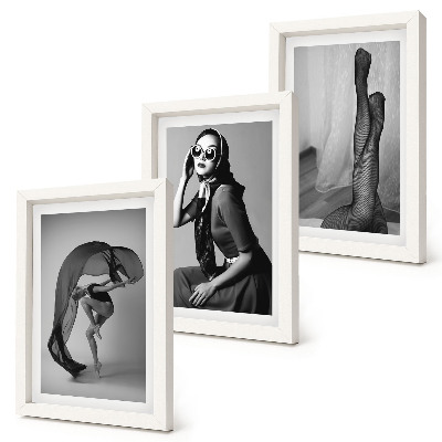 Juego de 3 cuadros decorativos Elegantes retratos en blanco y negro de mujeres en poses refinadas.