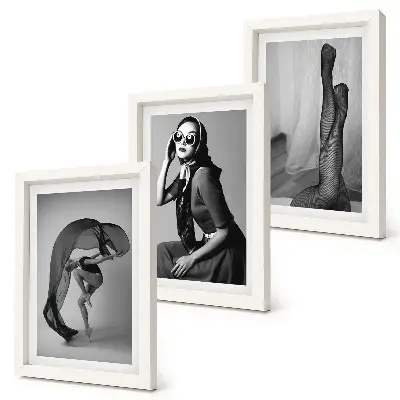 Juego de 3 cuadros decorativos retratos elegantes de mujeres en blanco y negro con poses refinadas