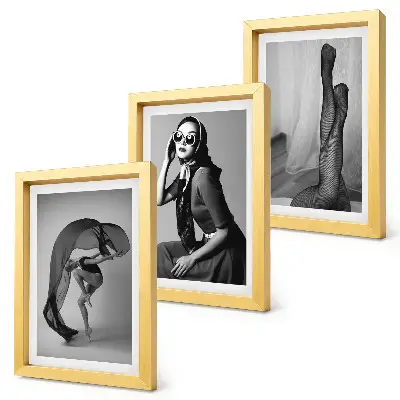 Juego de 3 cuadros decorativos retratos elegantes de mujeres en blanco y negro con poses refinadas