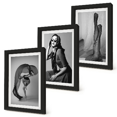 Juego de 3 cuadros decorativos Elegantes retratos en blanco y negro de mujeres en poses refinadas.