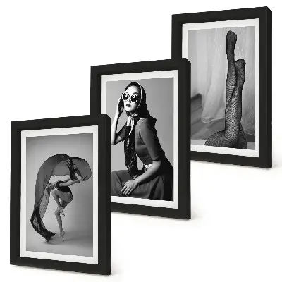 Juego de 3 cuadros decorativos retratos elegantes de mujeres en blanco y negro con poses refinadas