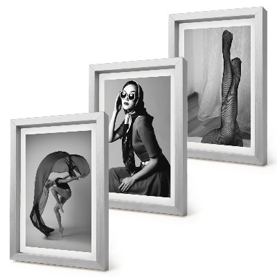 Juego de 3 cuadros decorativos Elegantes retratos en blanco y negro de mujeres en poses refinadas.