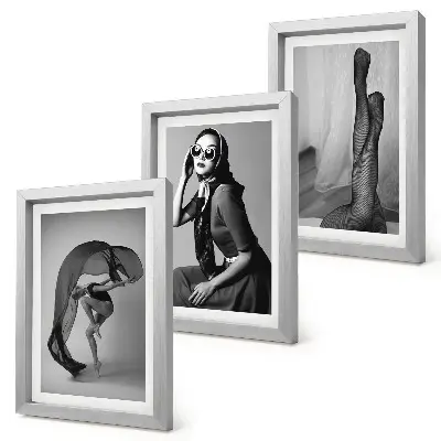 Juego de 3 cuadros decorativos retratos elegantes de mujeres en blanco y negro con poses refinadas