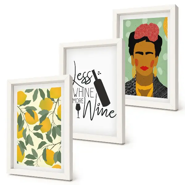 Juego de 3 cuadros decorativos con eslogan de Lemons sobre el retrato de Frida Kahlo en forma de vino