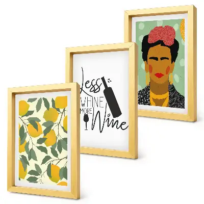 Juego de 3 cuadros decorativos con eslogan de Lemons sobre el retrato de Frida Kahlo en forma de vino