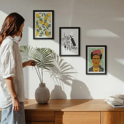 Juego de 3 cuadros decorativos con eslogan de Lemons sobre el retrato de Frida Kahlo en forma de vino