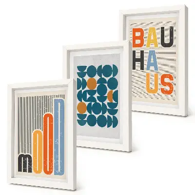 Tríptico enmarcado de pósteres con estampados geométricos al estilo Bauhaus