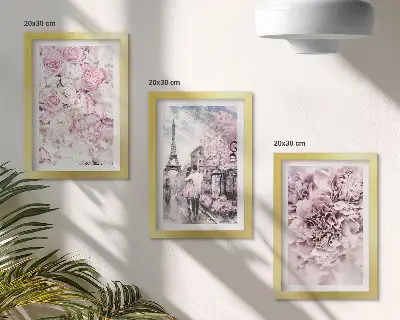 Tríptico enmarcado flores en tonos rosados con paisaje romántico