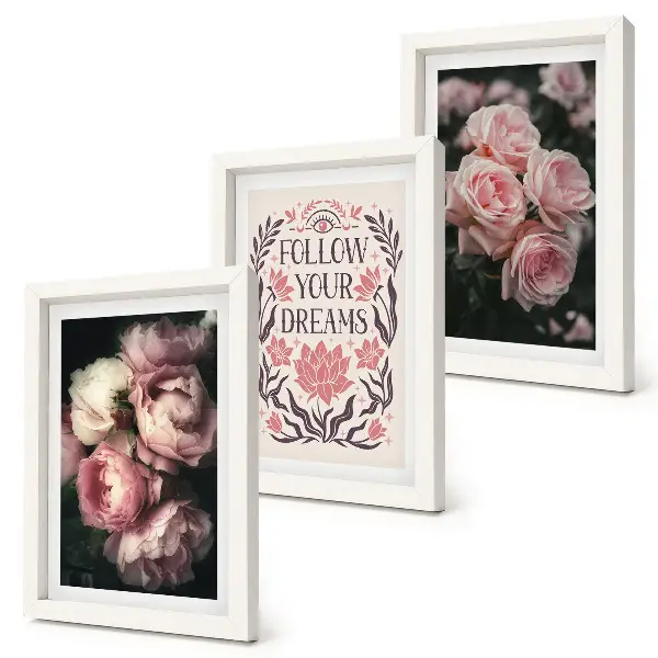 Juego de 3 cuadros decorativos rosas antiguas con inscripción sobre los sueños