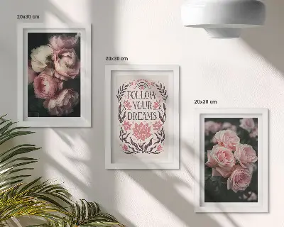 Juego de 3 cuadros decorativos rosas antiguas con inscripción sobre los sueños