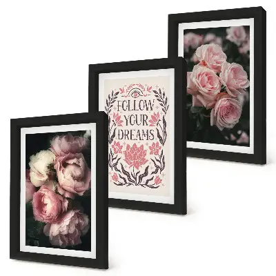 Juego de 3 cuadros decorativos rosas antiguas con inscripción sobre los sueños