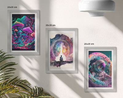 Tríptico enmarcado Ilustraciones coloridas al estilo del arte fantástico.
