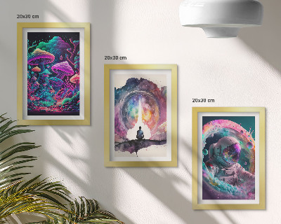 Tríptico enmarcado Ilustraciones coloridas al estilo del arte fantástico.