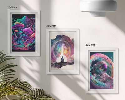 Tríptico enmarcado Ilustraciones coloridas al estilo del arte fantástico.