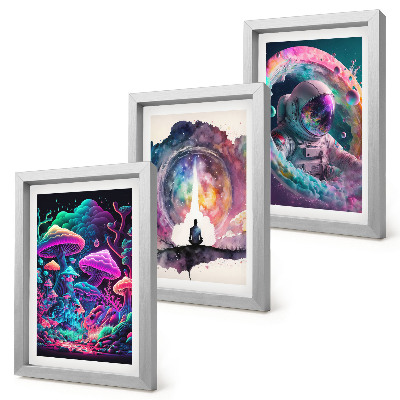 Tríptico enmarcado Ilustraciones coloridas al estilo del arte fantástico.