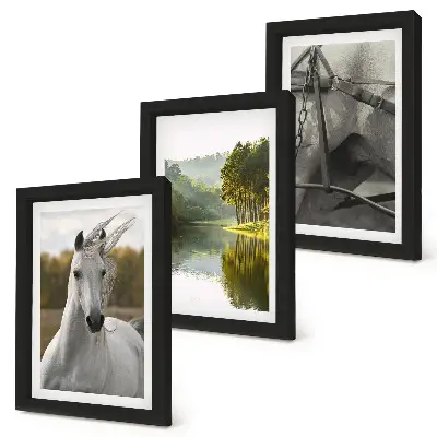 Juego de 3 cuadros decorativos caballos blancos en paisaje de río natural