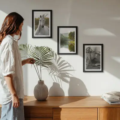 Juego de 3 cuadros decorativos caballos blancos en paisaje de río natural