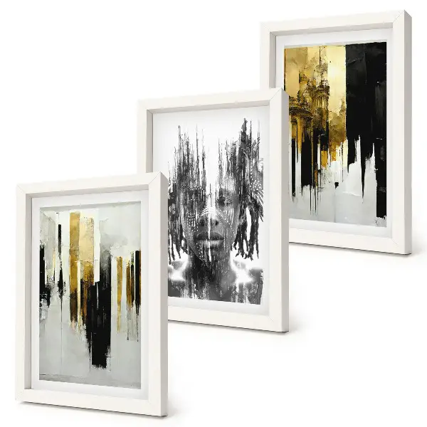 Juego de 3 cuadros decorativos que contrastan abstracciones con retratos y arquitectura