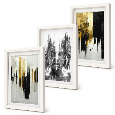 Juego de 3 cuadros decorativos Contrastando abstracciones con retratos y arquitectura.