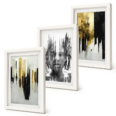 Juego de 3 cuadros decorativos que contrastan abstracciones con retratos y arquitectura