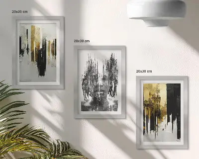 Juego de 3 cuadros decorativos que contrastan abstracciones con retratos y arquitectura