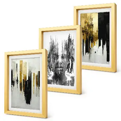 Juego de 3 cuadros decorativos que contrastan abstracciones con retratos y arquitectura