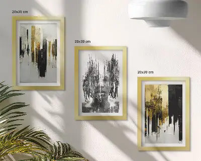 Juego de 3 cuadros decorativos que contrastan abstracciones con retratos y arquitectura