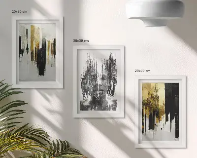 Juego de 3 cuadros decorativos que contrastan abstracciones con retratos y arquitectura