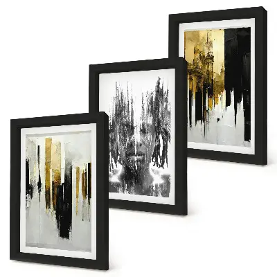 Juego de 3 cuadros decorativos que contrastan abstracciones con retratos y arquitectura