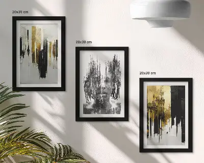 Juego de 3 cuadros decorativos que contrastan abstracciones con retratos y arquitectura