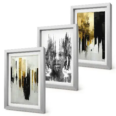 Juego de 3 cuadros decorativos que contrastan abstracciones con retratos y arquitectura