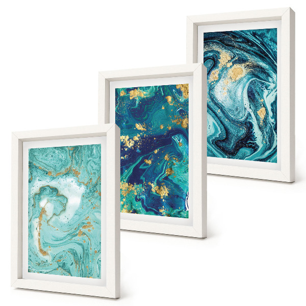 Tríptico enmarcado Abstracción turquesa de pintura derramada