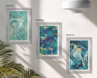 Tríptico enmarcado de abstracción turquesa con pintura derramada