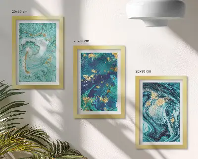 Tríptico enmarcado de abstracción turquesa con pintura derramada
