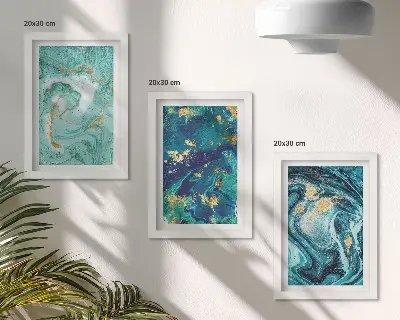 Tríptico enmarcado de abstracción turquesa con pintura derramada