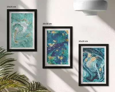 Tríptico enmarcado de abstracción turquesa con pintura derramada