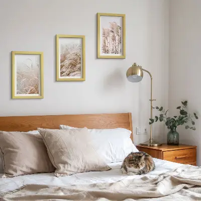 Juego de 3 cuadros decorativos con campos de hierba en tonos marrones y beige