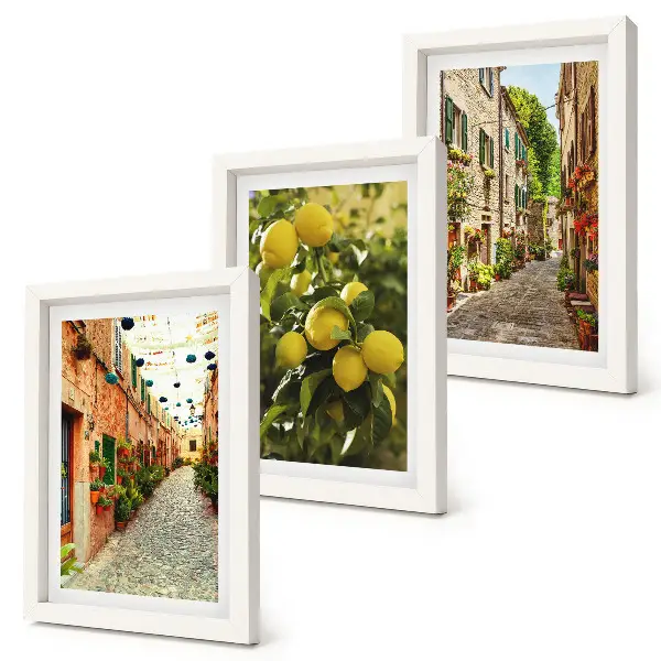 Tríptico enmarcado con calles encantadoras decoradas con flores y limones