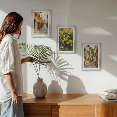 Tríptico enmarcado Calles encantadoras con flores y limones al fondo.