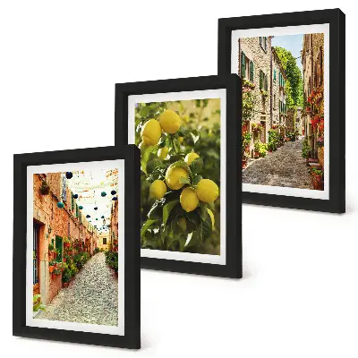 Tríptico enmarcado con calles encantadoras decoradas con flores y limones