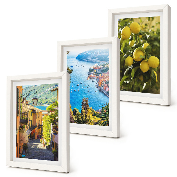 Juego de 3 cuadros decorativos Calles costeras pintorescas con vistas al mar y a los limoneros.