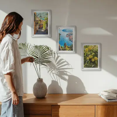 Juego de 3 cuadros decorativos con diseño de calles costeras pintorescas, vistas al mar y limoneros