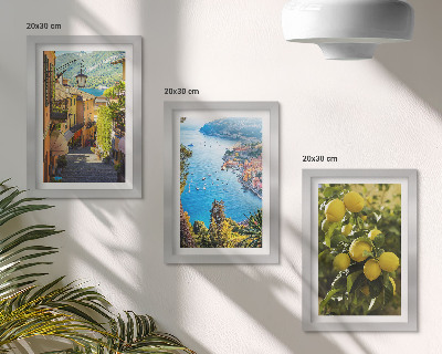 Juego de 3 cuadros decorativos Calles costeras pintorescas con vistas al mar y a los limoneros.