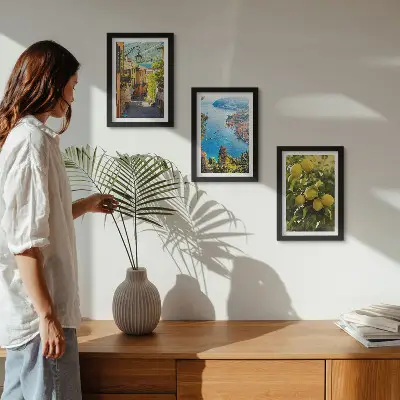 Juego de 3 cuadros decorativos con diseño de calles costeras pintorescas, vistas al mar y limoneros