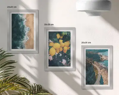 Tríptico enmarcado limones de playa con paisaje montañoso y carretera costera