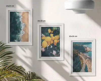 Tríptico enmarcado limones de playa con paisaje montañoso y carretera costera