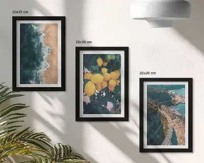 Tríptico enmarcado limones de playa con paisaje montañoso y carretera costera