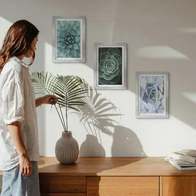 Juego de 3 cuadros decorativos con diseño de plantas suculentas en tonos verdes y turquesas